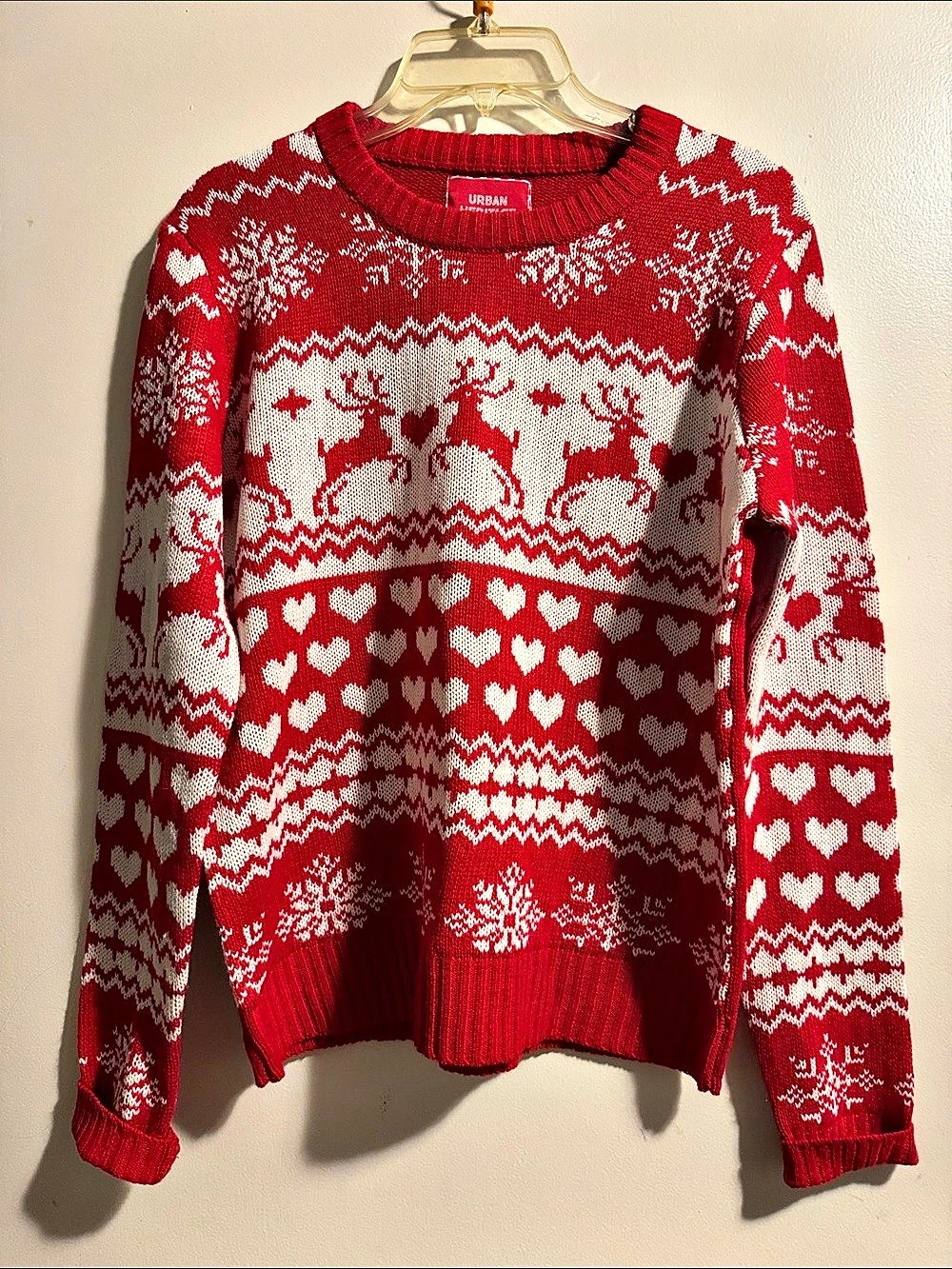 Urban Heritage Fair Isle Reindeer Crewneck Sweater in Red & White Size M/M